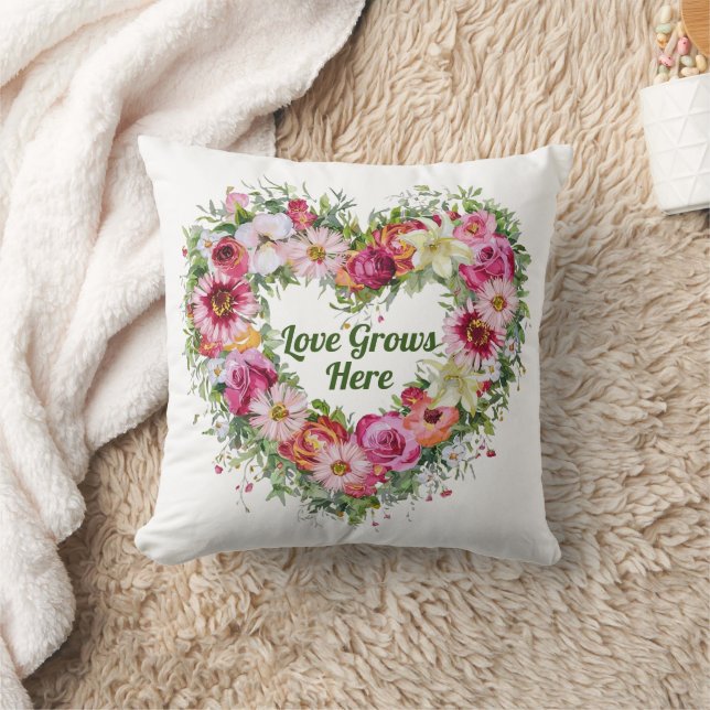 Floral Heart Wreath Personalized Throw Pillow (Blanket)