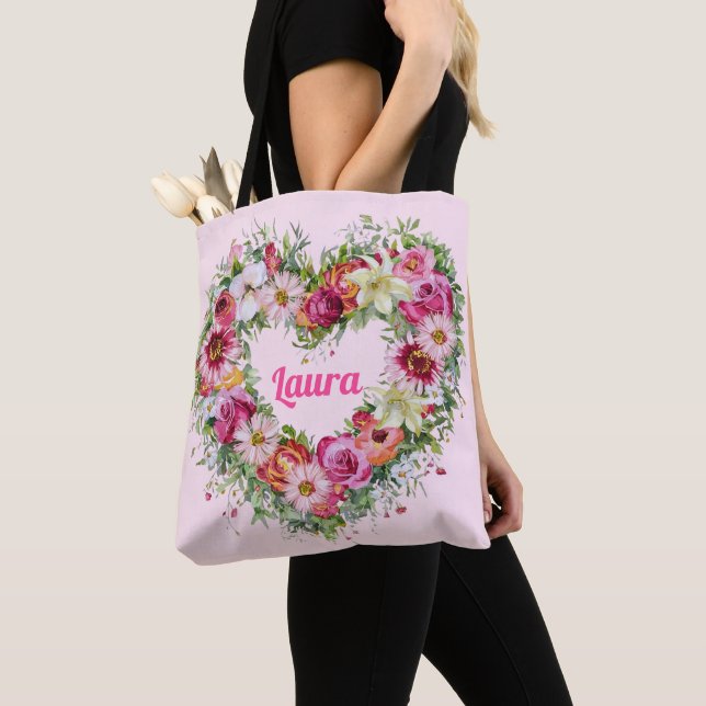 Floral Heart Wreath Personalized Tote Bag (Close Up)