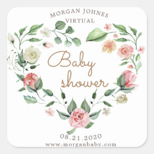 floral heart wreath virtual baby shower square sticker