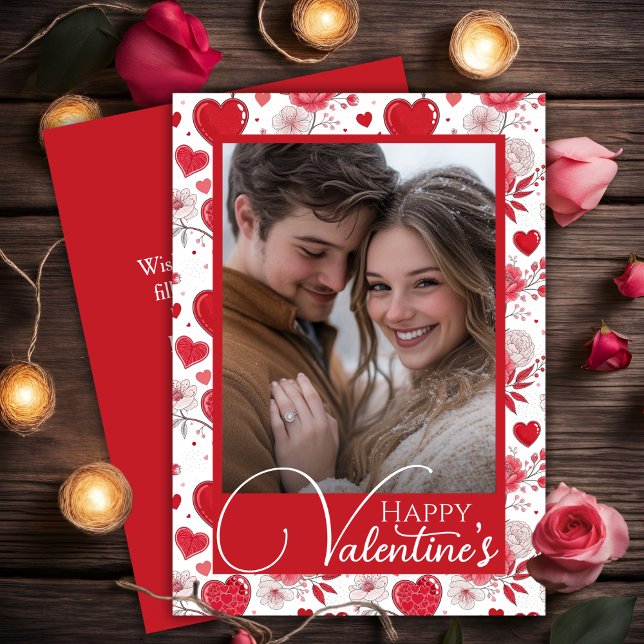 Floral Hearts Happy Valentine's Custom Photo Holiday Card (Floral Hearts Happy Valentine's Custom Photo Holiday Card)