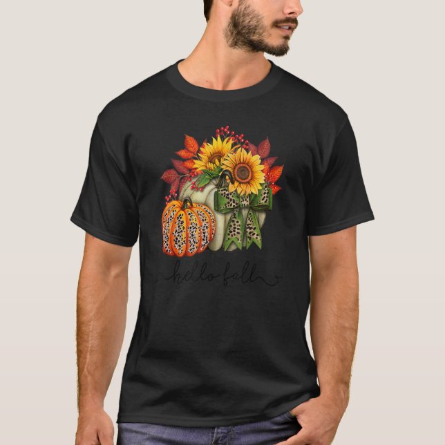 Floral Hello Fall Leopard Pumpkin Fall Vibes Thank T-Shirt (Front)