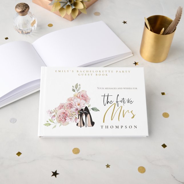 Floral Hen Party Future Mrs Name Black Gold Script Guest Book (Front Open)