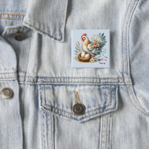 Floral Hen with Eggs Vintage Farmhouse Charm 2 Inch Square Button