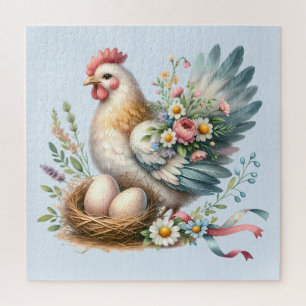 Floral Hen with Eggs Vintage Farmhouse Charm Jigsaw Puzzle