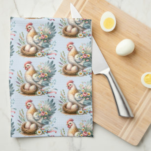 Floral Hen with Eggs Vintage Farmhouse Charm Kitchen Towel