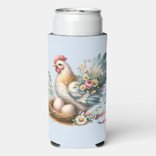 Floral Hen with Eggs Vintage Farmhouse Charm Seltzer Can Cooler