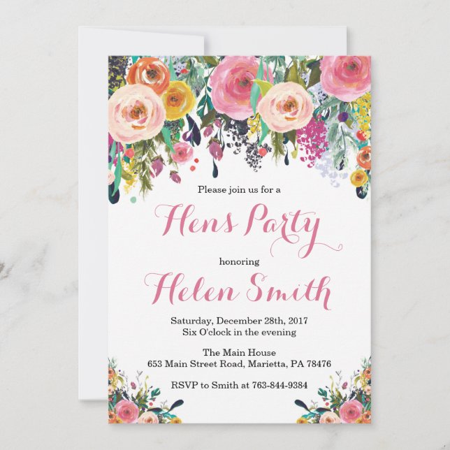 Floral Hens Party Invitation Card Watercolor (Front)