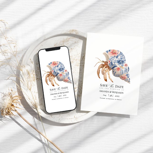 Floral Hermit Crab Coastal Beach Wedding Nautical Save The Date (Floral Hermit Crab Coastal Beach Wedding Nautical Save The Date)