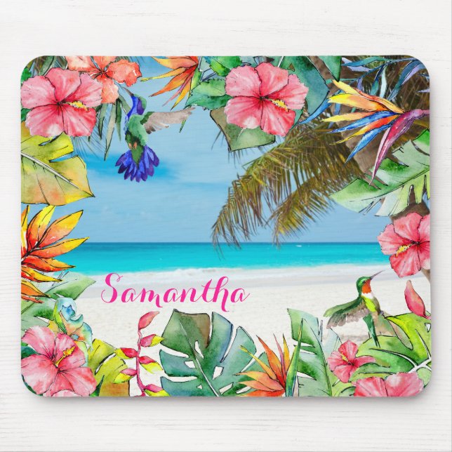 Floral Hibiscus Tropical Beach Personalized Mouse Pad (Front)