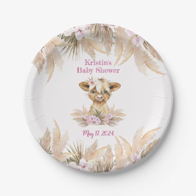 Floral Highland Cow Baby Shower  Paper Plate (Front)