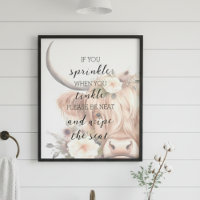Floral Highland Cow Bathroom Quote Art