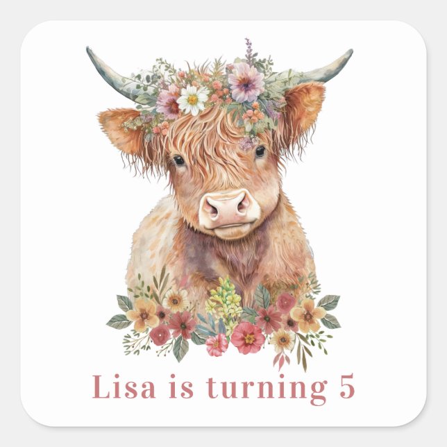  Floral Highland Cow Illustration Birthday Name Square Sticker (Front)
