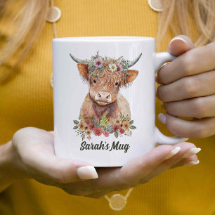 Floral Highland Cow Personalized Coffee Mug