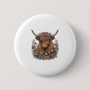 Floral Highland Cow Vintage Engraving Design_1 2 Inch Round Button