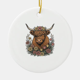 Floral Highland Cow Vintage Engraving Design_1 Ceramic Ornament
