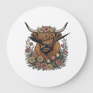 Floral Highland Cow Vintage Engraving Design_1 Large Clock