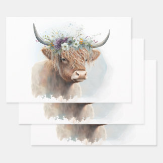 Floral Highland Cow Watercolor Decoupage Wrapping Paper Sheet