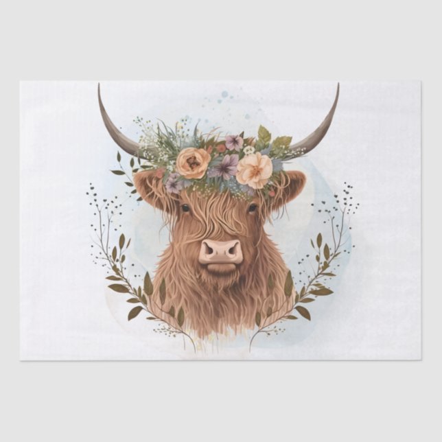 Floral Highland Cow Watercolor Tissue Paper (Front)
