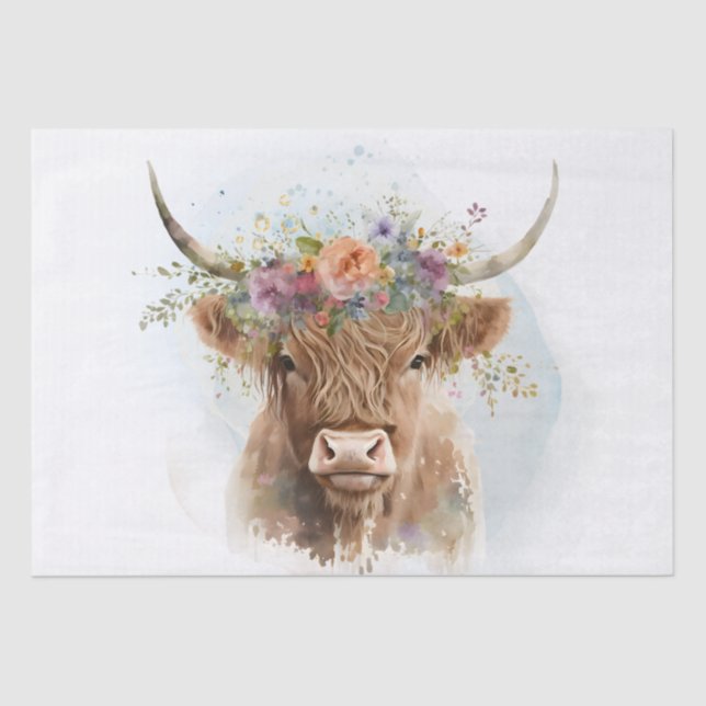 Floral Highland Cow Watercolor Tissue Paper (Front)
