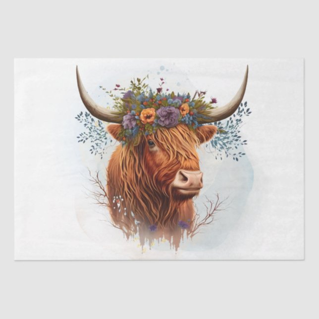 Floral Highland Cow Watercolor Tissue Paper (Front)