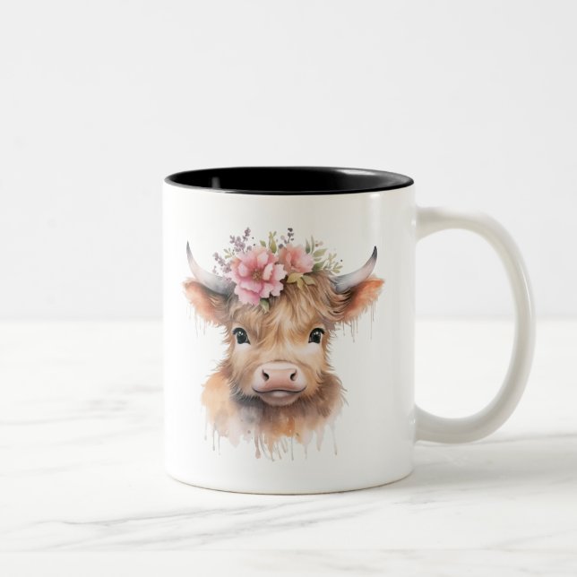Floral Highland Cow Watercolor Two-Tone Coffee Mug (Right)