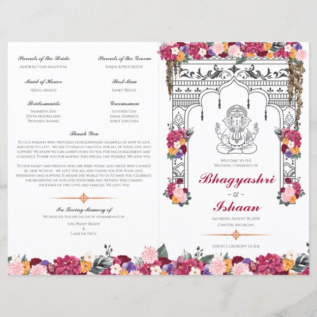 Floral Hindu Wedding Ceremony Folded Program (Front)