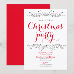 Floral Holiday Christmas Red Grey Party Minimal Invitation