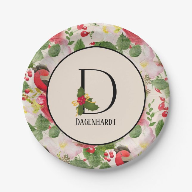 Floral Holiday Pattern Monogram Initial D Paper Pl Paper Plate (Front)