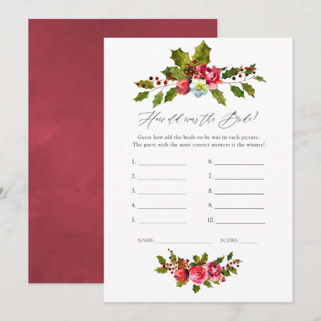 Floral Holly Christmas Bridal Shower Game Invitation (Front/Back)