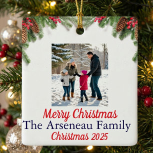 Floral Holly Photo Merry Christmas Personalize Ceramic Ornament