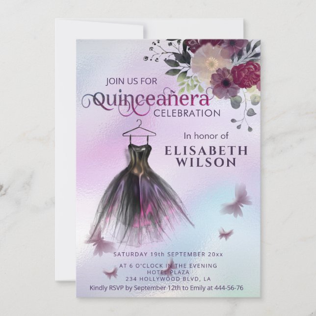 Floral holographic adorable dress Quinceañera  Inv Invitation (Front)