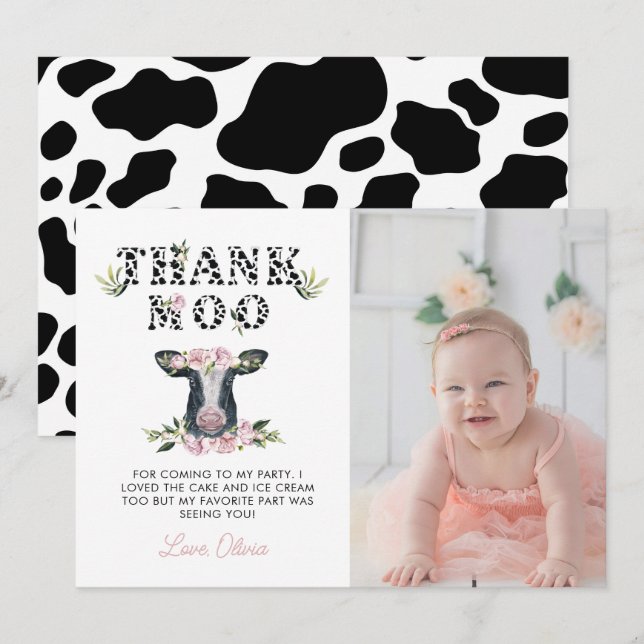 Floral Holy Cow Thank Moo Birthday   Thank You Card (Front/Back)
