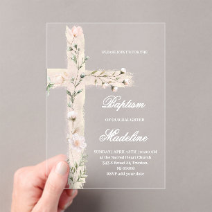 floral Holy cross Baptism Acrylic Invitations