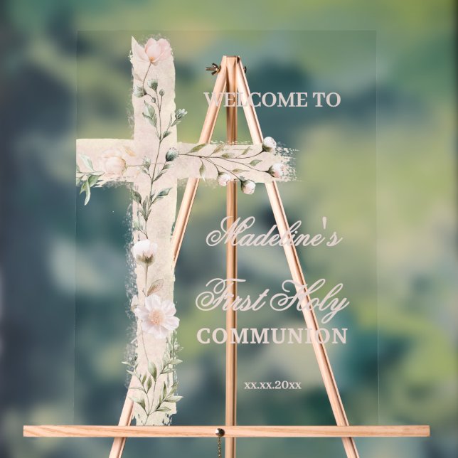 floral Holy cross First Communion Acrylic Sign (Neutral)
