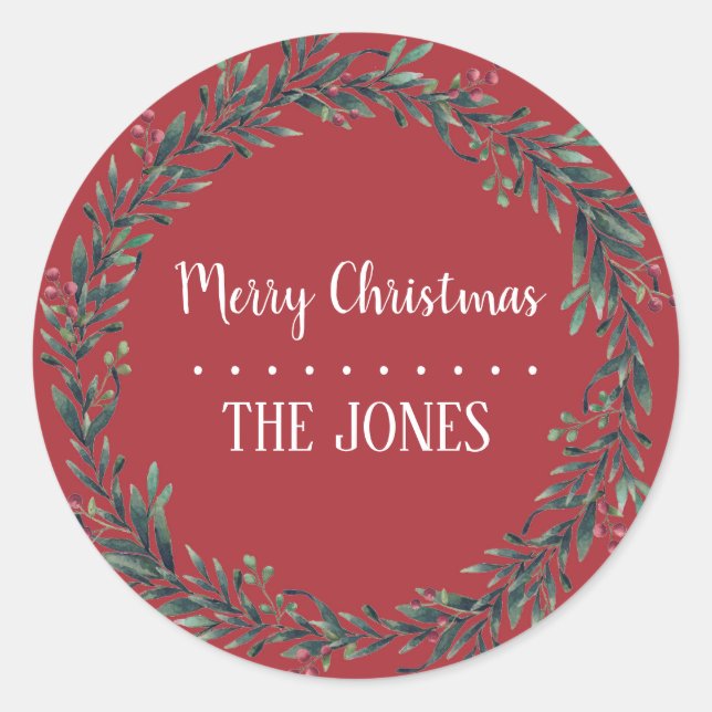 Floral Holy  Wreath | Personalized Christmas Classic Round Sticker (Front)
