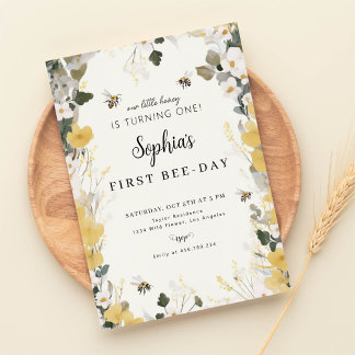 Floral Honey Bee 1st Birthday Invitation