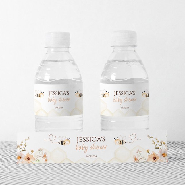 Floral Honey Bee Baby Shower Water Bottle Label (Creator Uploaded)
