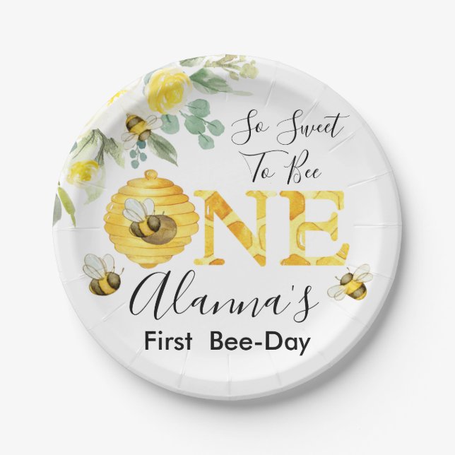 Floral Honey Bee First Bee-day Birthday Paper Plate (Front)