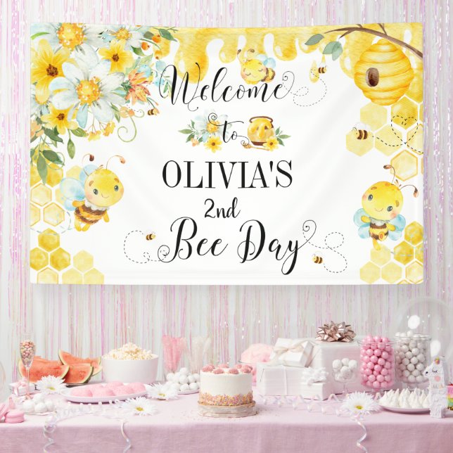 Floral Honey Bees First 1st 2nd Birthday Backdrop Banner (Party)