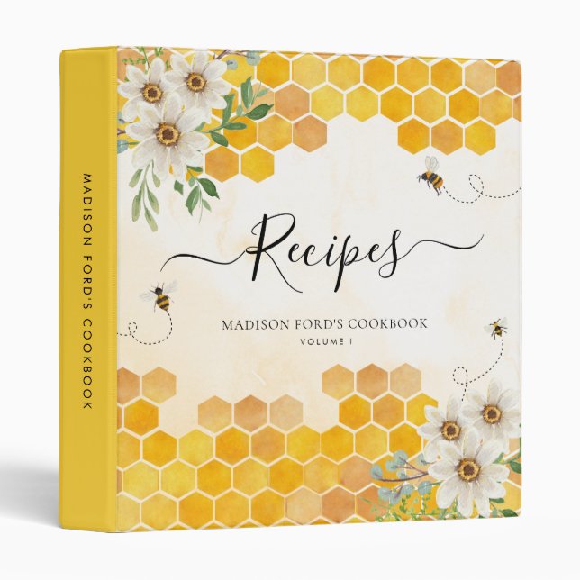 Floral Honeycomb Bumble Honey Bee Yellow Recipe Binder (Front/Spine)