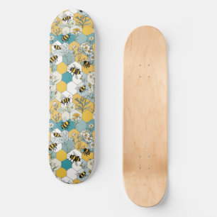 Floral Honeycomb with Bees Yellow and Teal Skateboard