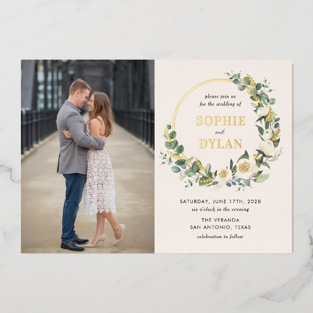 Floral Hoop FOIL Photo Wedding Invitation (Front)