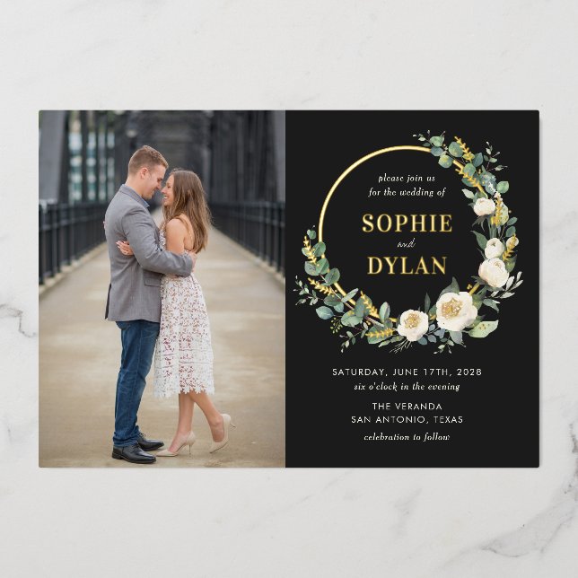 Floral Hoop FOIL Photo Wedding Invitation (Front)