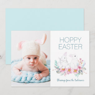 Floral Hoppy Easter Bunny 1 Photo Holiday Card