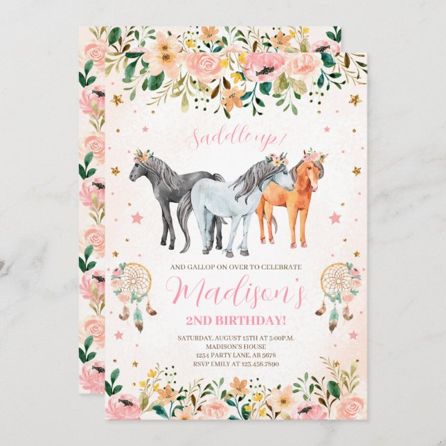 Floral Horse Birthday Invitation (Front/Back)
