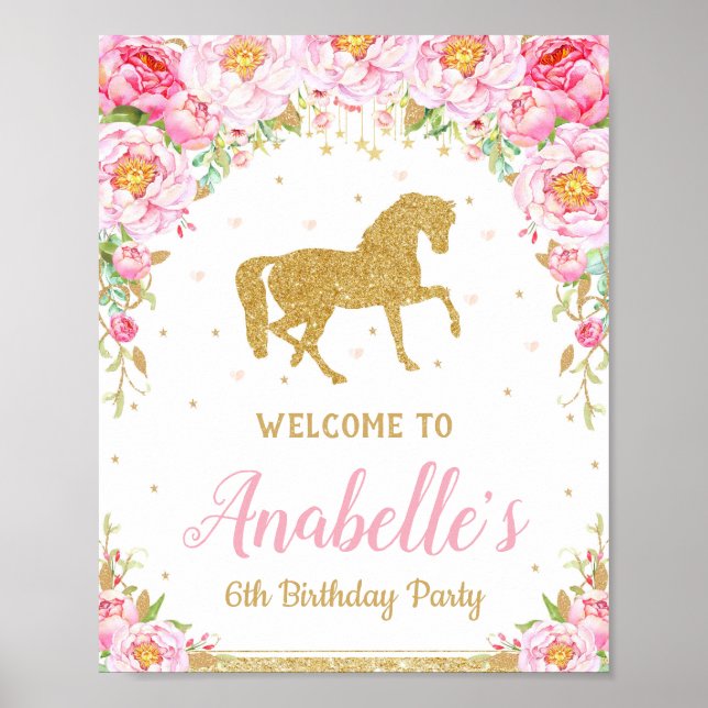 Floral Horse Birthday Party Welcome Sign Poster (Front)