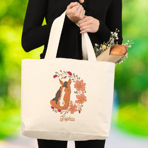 Floral Horse Botanical Custom Name Large Tote Bag
