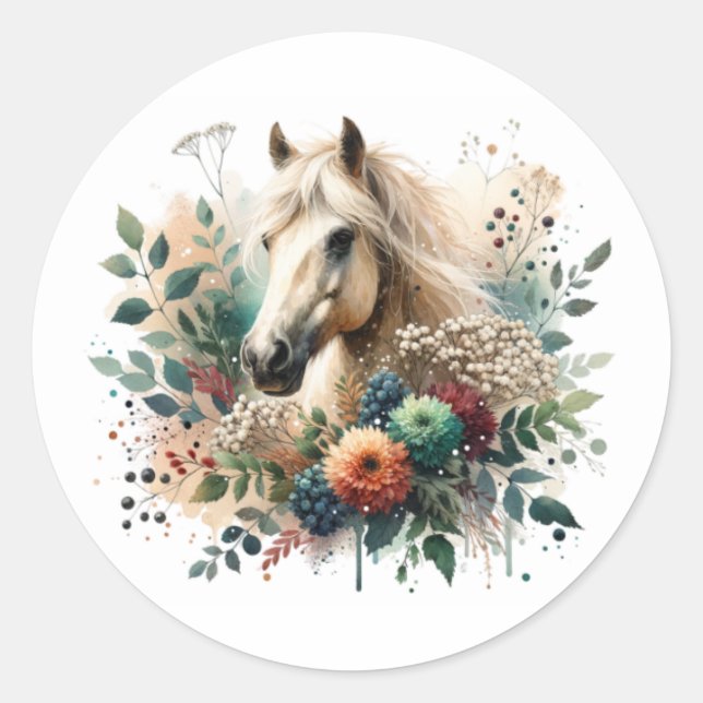 Floral Horse Classic Round Sticker (Front)