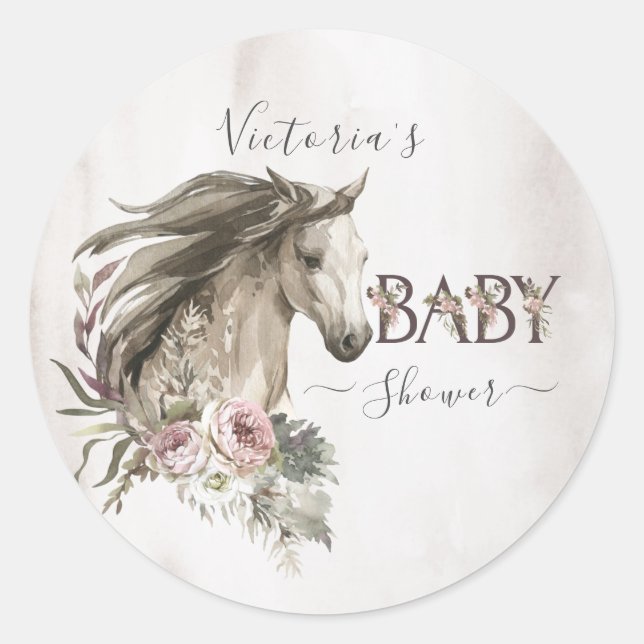 Floral Horse Ranch Baby Shower Classic Round Sticker (Front)