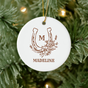 Floral Horseshoe Brown Country Western Monogram Ceramic Ornament